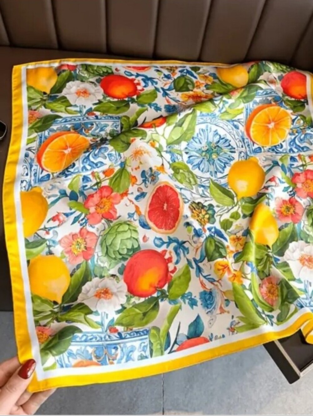 Silk-feel Bright Citrus Floral Silk Scarf - Yellow Trim Head & Neck Scarf